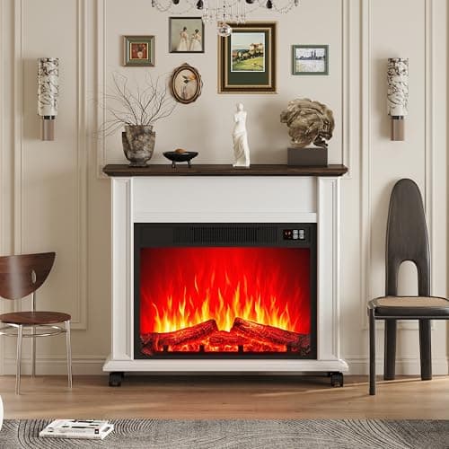 Electric Fireplace with Mantel, Farmhouse Electric Fireplaces TV Stand, White Fireplace Entertainment Center with 23 inch Heater and Removable Roller for Living Room, Bedroom - Thumbnail 6
