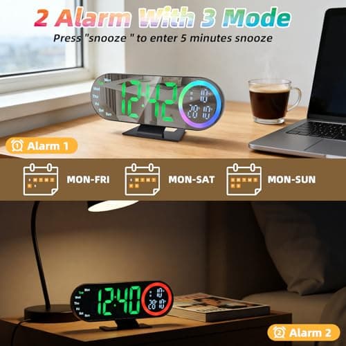 Digital Alarm Clocks with 16 Night Light, Loud Alarm Clock for Heavy Sleepers Adults Teens Kids Seniors, 3 Brightness 2 Alarm Mirror and LED Big Display Clocks for Bedside, Desk, Bedrooms Living Room - Thumbnail 3
