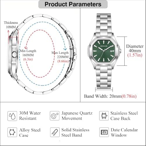 KNISKRED Business Watch for Men with Luminous Scale and Solid Stainless Steel Band Mens Calendar Watch (Silver Green) - Thumbnail 5