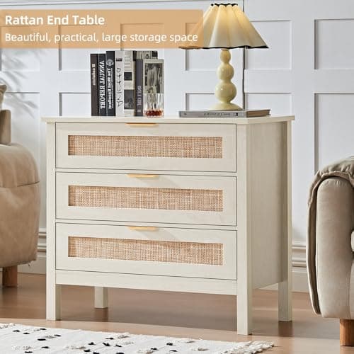 LEYAOYAO 31.5" Wide Rattan Nightstand, Large Boho 3 Drawer Night Stand, Grey White Bedside Table with Storage, Tall Bed Side End Tables, Chest of Drawers Dressers for Bedroom, Living Room, Hallway - Thumbnail 3