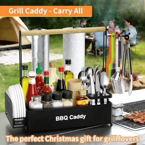 LELOCLE Grill Caddy BBQ Organizer for Outdoor Grill with 2 Paper Towel Holders, Picnic Condiment Utensil Organizer for Outdoor Cooking, RV, Camping Essential, Camper Must Haves, Gifts for Men - Thumbnail 2