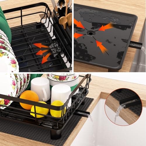 Godboat Dish Drying Rack, Dish Rack with Auto-Drain & Mat, Dish Drainers for Kitchen Counter, Glass Organizer for 4 Cups, 3 Slots Utensil Holder, Gifts for Women Mothers Day, Kitchen Gadgets & Decor - Thumbnail 5