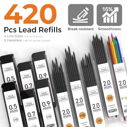 Four Candies Metal Mechanical Pencil Set, 3PCS Art Drafting Pencils 0.5, 0.7, 0.9MM & 2PCS 2MM Mechanical Drawing Pencils with 420PCS Leads (4B 2B HB 2H Color) for Writing Sketching Drawing (Black) - Thumbnail 4