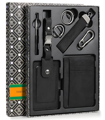 Teskyer Mens Slim Minimalist RFID Blocking Genuine Leather Wallet Gift Set with Luggage Tag & Car Keychain - Front Pocket Thin Credit Card Holder for Men, Perfect Gifts for Men (Black) - Image 1