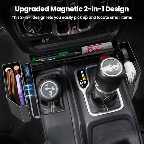 DIAMOOKY Upgraded Metal Magnetic Center Console Organizer for Jeep Wrangler JL/JLU/4XE 2018-2026 & Gladiator JT 2026 2025 2024-2020 Accessories, Gear Shift Side Storage Box,Integrated (Not for JK/JKU) - Thumbnail 2
