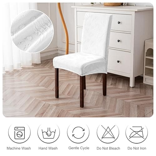 Genina Waterproof Dining Chair Covers Set of 6,Stretch Dining Room Chair Slipcovers with Leaf Jacquard,Removable Kitchen Chair Protector for Home,Restaurant,Banquet-White - Thumbnail 5
