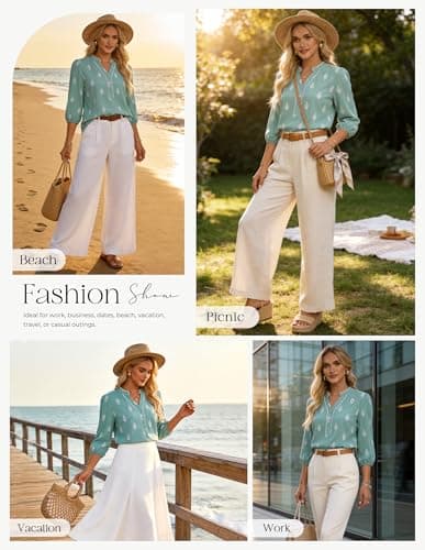 GRACE KARIN Boho Tops for Women Summer, Dressy Casual Floral Blouses, V Neck Button Up 3/4 Sleeve Shirts for Vacation Light Green L - Thumbnail 4