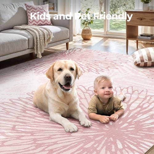 WITSHOCK Pink Rugs 8x10 for Bedroom Girls,Floral Modern Distress Print Pattern Carpet for Living Room Dining Room,Stain Resistant Anti Slip Backing Rugs for Kids Room Nursery Playroom,Light Pink - Thumbnail 5
