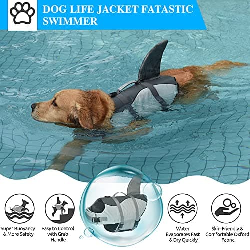 Dog Shark Life Jacket, Dog Life Vest for Swimming Adjustable Pet Life Preserver with Rescue Handle - Thumbnail 2