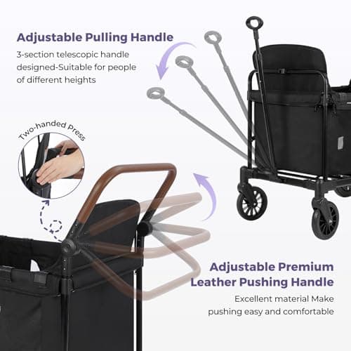 ELEMARA Wagon Stroller 4 Seater, Premium Stroller Wagon for 4 Kids, Foldable All-Terrain Wagon for Kids with Canopy, Adjustable Push/Pull Handles,Convertible High Seat&Organizer, Black - Thumbnail 4