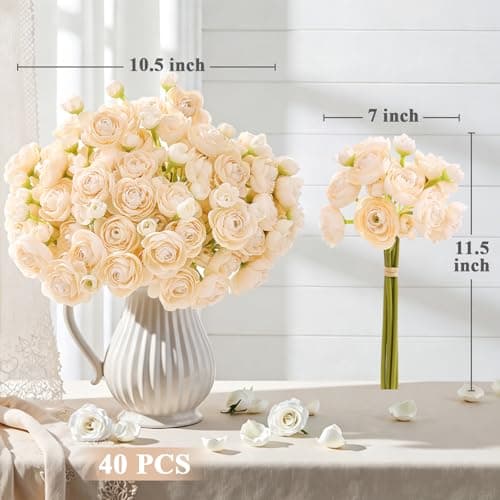 U'Artlines Ranunculus Artificial Flower, 40 Pcs Mini Ranunculus Bulk Flowers for DIY Bouquet Home Office Centerpieces Arrangements Bridal Shower Wedding Decorations Creamy - Thumbnail 3