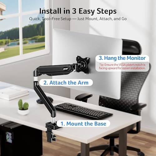 Acer Single Monitor Mount, Fully Adjustable Monitor Arm Fits 17 to 34 Inch Screens, Gas Spring VESA Mount with C-Clamp & Grommet Base, Computer Desk Arm with Tilt Swivel Rotate Supports 4.4-19.8 lbs - Thumbnail 6