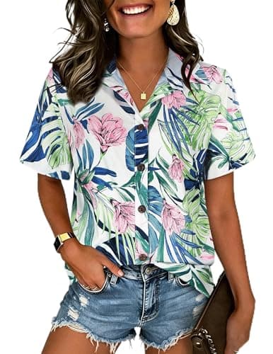 LILYCHIC Women's Hawaiian Shirts Outfits Luau Party Tropical Tops Blouses Summer Beach Shirt Palm Leaf White, S - Image 1