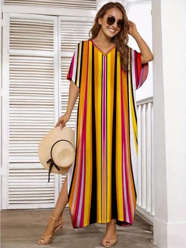 ZIRHYSTA Kaftan Dress for Women Beach Cover Ups, Plus Size V Neck Maxi Swimsuit Coverup, Oversized Caftans for Pool Resort S-XXL (Sunset Stripe) - Thumbnail 2