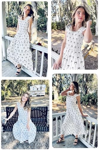 ECOWISH Women's Summer Maxi Dress 2026 Casual Sleeveless Square Neck Smocked Ruffle Bow Tiered Flowy A Line Beach Sundress White Small - Thumbnail 2