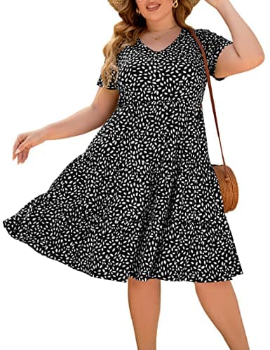 Younrui Plus Size Casual Summer Tiered Flowy Dresses for Women Short Sleeve Ruffle Hem Loose Fitting Babydoll Dress (1XL-1001-Black Floral) - Image 1