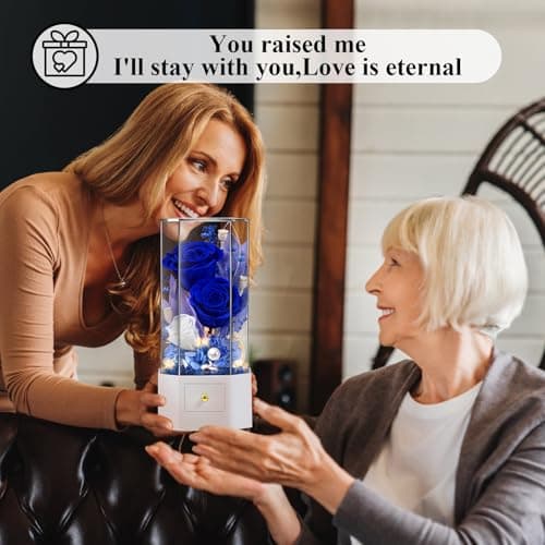 Eluvian Forever Preserved Roses Flowers with Necklace 18K White Gold Plated Birthday Gift for Mom Girlfriend Wife Long-Lasting Eternal Rose Music Box Gift for Anniversary Christmas Mother's Day-Blue - Thumbnail 3