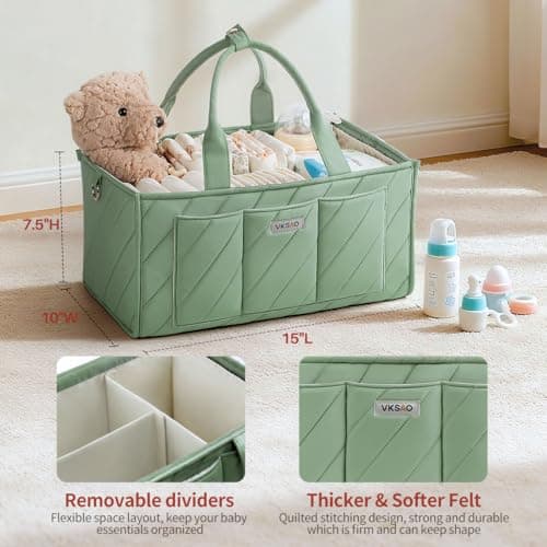 VKSAO Baby Essentials Diaper Caddy Organizer – Portable Storage Basket with Shoulder Strap & Stroller Hooks, Splashproof Quilted Nursery & Car Tote, Gender Neutral Gifts for Baby Shower, Sage Green - Thumbnail 2