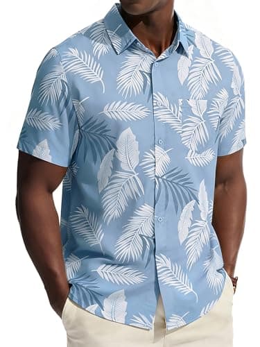 PJ PAUL JONES Mens Hawaiian Shirts Short Sleeve Button Up Shirt Beach Resort Casual Tropical Shirts with Pocket Palm Leaf Print - Image 1