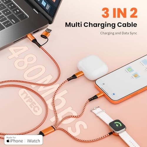 Jogrytece Travel Charger for iWatch, 3 in 2 Multi Charging Cable/Cord with IP/USB C/iWatch Charger, Travel Chargers for Multiple Devices, Compatible with iWatch Series/iPhone 17-8/iPad/AirPods 5FT - Thumbnail 2
