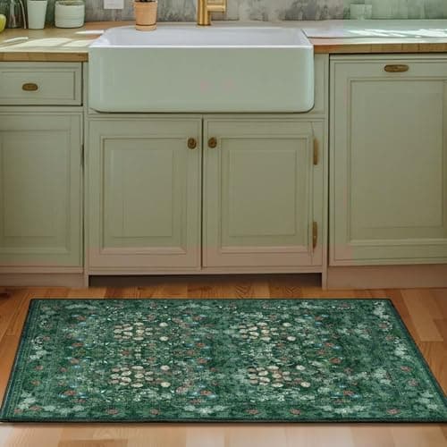 Green Cottagecore Washable Floral Rugs for Entryway - 2x3 Small Vintage Throw Rugs for Kitchen, Bathroom, Laundry, Indoor Entrance - Low Pile Non Slip Thin Rug, Boho Distressed Front Door Floor Mat - Thumbnail 2