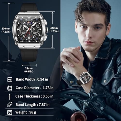 OLEVS Black Watches for Men 3ATM Waterproof Chronograph Men Watch Analog Quartz 44mm Square Watch for Men with Date Silver Bezel Silicone Strap Professional Look for Office Daily Wear - Thumbnail 3