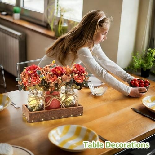 HOMECOR Mason Jar Light Centerpiece Table Decor for Dining Room - Farmhouse Centerpiece Table Decorations with Wood Tray and Remote Control LED Lights for Coffee Table Decor Living Room Wedding - Thumbnail 3