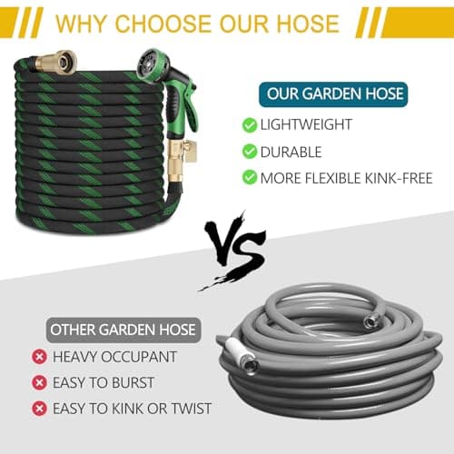 Garden Hose 25 ft, Leak Proof, Kink-Free Water Hose with 10 Function Spray Nozzle, Lightweight, Flexible, Fabric Portable Hose for Gardening, Green - Thumbnail 4