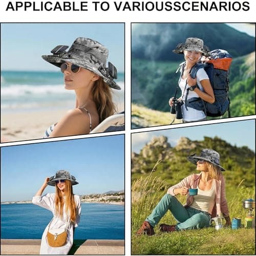 Outdoor Wide Brim Sun Hat with 2 Solar Powered Fan, Bucket Hat for Men Women, Fishing, Gardening & Beach Hat for Men, USB Charging, UPF 50+ Light Camouflage - Thumbnail 4