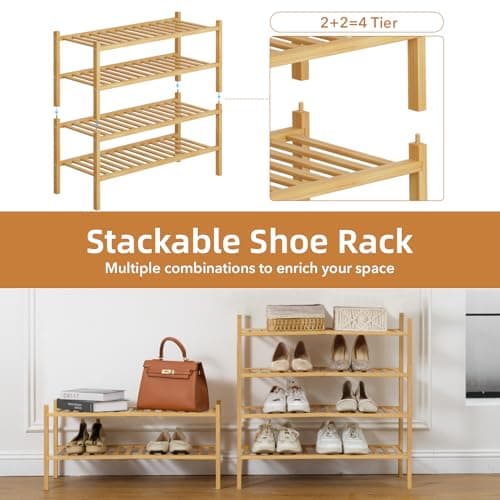 Buymoth 4 Tier Bamboo Shoe Rack Storage Organizer for Closet, Multifunctional Stackable Free Standing Shoe Shelf Organizer for Small Space,Entryway,Hallway,Bathroom 27"x11"x26"(Natural, 4 Tier) - Thumbnail 4