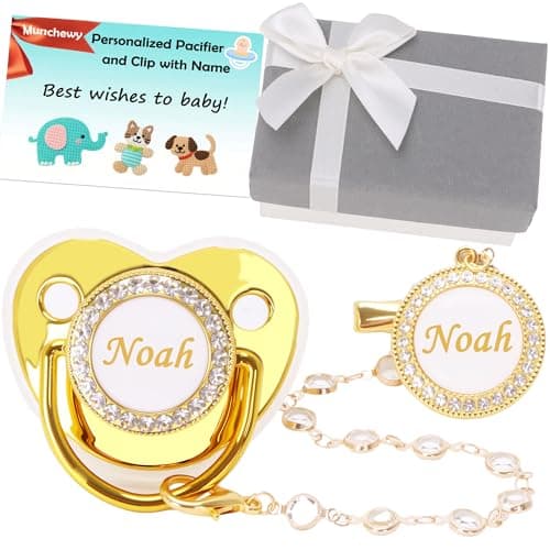 Personalized Pacifier with Name, Custom Pacifier Clip Set with Gift Box, Glitter Crystal Luxurious Bling Soother Dummy Ideal Gift for Baby Boys Girls Birthday Newborn Photography(Gold) - Image 1