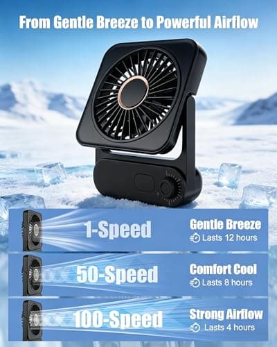 Ehoyal Magnetic Fan for Cruise Ship, 6.7" Ultra Thin Portable Fan with 100 Speeds, 3600mAh Rechargeable, Digital Display, 150° Adjustable, Quiet for Desktop Travel, Camping & Cruise Essentials, Black - Thumbnail 3