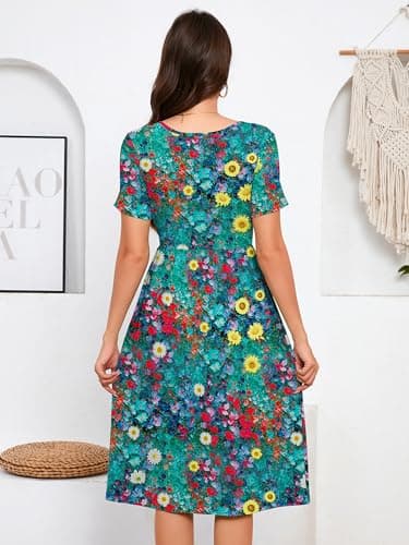 DEARCASE Summer Midi Dresses for Women Floral Rapeseed Petals Medium Short Sleeves A line Casual Wedding Guest Flowy Swing Cocktail Party Holiday Spring Travel Long Dress with Pockets - Thumbnail 2