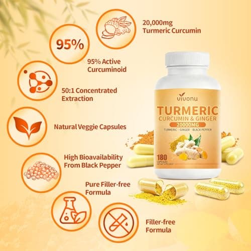 20000mg Turmeric Curcumin Supplement with Black Pepper, 180 Capsules, 95% Curcuminoids, Turmeric and Ginger Supplement, High Absorption Ultra Potent, Joint Support Supplemen, Non GMO Tumeric Capsules - Thumbnail 4