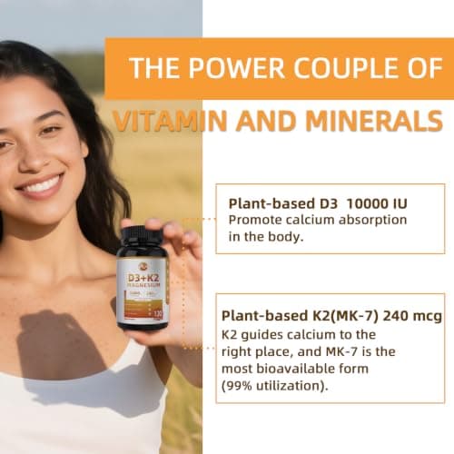 M inch Vitamin D3 K2 with Magnesium, Vitamin D3 10000 IU, Vitamin K2 MK-7 240 mcg, 6-in-1 K2 D3 Vitamin Supplement with Quercetin for Bone, Immune & Moo*d Support, Highly Bioavailable, 120 Capsules - Thumbnail 3