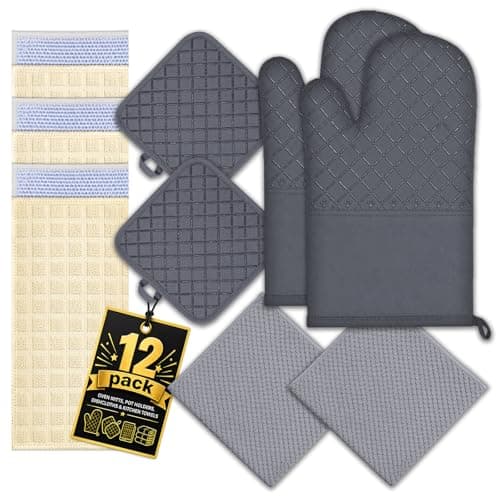 Oven Mitts Pot Holders Kitchen Towels Dishcloths Sets 12Pcs, Waffle Weave Silver Wire Dishcloths, Oven Gloves Pot Pads 500°F Heat Resistant w/Non-Slip Silicone Surface for Cooking Baking Grilling - Image 1