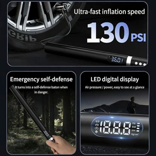 BGPRECISE Aluminum Stick Tire Inflator Portable Air Compressor, Multi-Functional Cordless Bike Car Tires Air Pump with Window Breaker, LED Flashlight, Pressure Gauge for Auto, Motorcycles, Balls - Thumbnail 2
