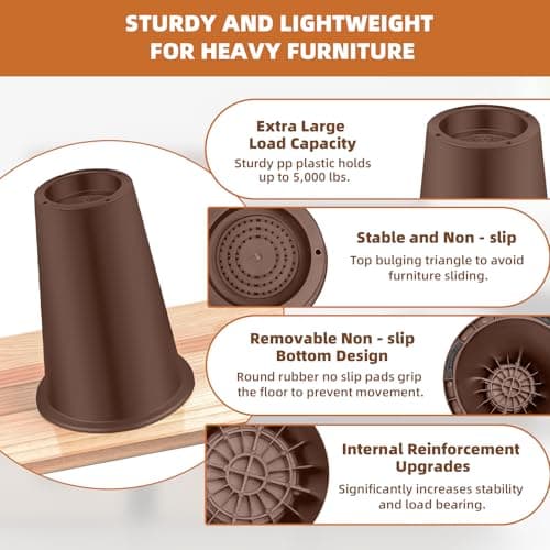 NKPOPHETE 8 inch Bed Risers Adjustable Furniture Risers - Heavy Duty Non-Slip Lift Supports for Beds/Couches/Sofas, Durable Square Design with Creates Storage Space (9 Pack Brown, 8 inch Round) - Thumbnail 4