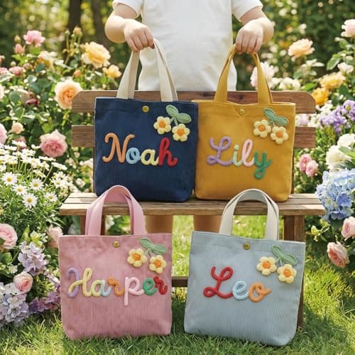 Personalized Corduroy Tote Bag with Custom Name, 3D Crochet Flower Tote Bag for Girls, School Travel Purse, Birthday Gift for Daughter Granddaughter | Customizable - Thumbnail 2