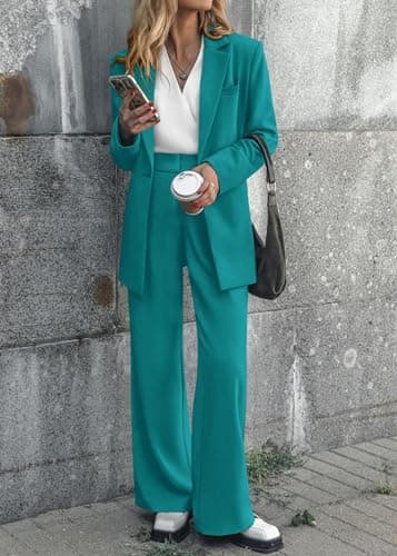 KIRUNDO Women Suits 2 Piece Set Business Casual Dressy Oversized Blazer Jacket and Wide Leg Dress Pantsuits Formal Outfits(Blue Green, XX-Large) - Thumbnail 2