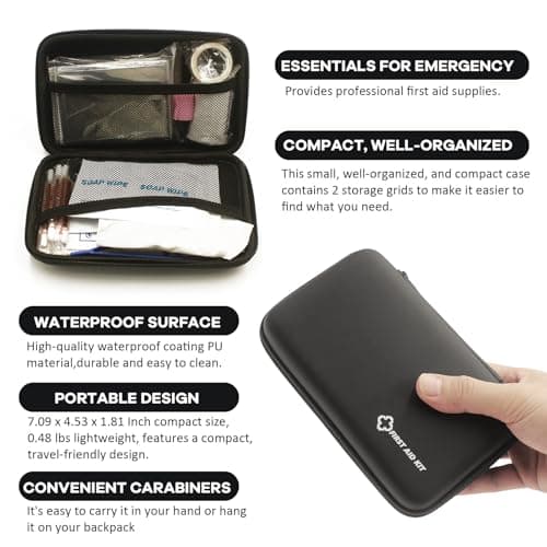 Small First Aid Kit Portable Compact Waterproof Mini Refill Supplies for Home Car Travel Camping Truck Hiking Sports Office & Outdoor Emergencies Black - Thumbnail 4