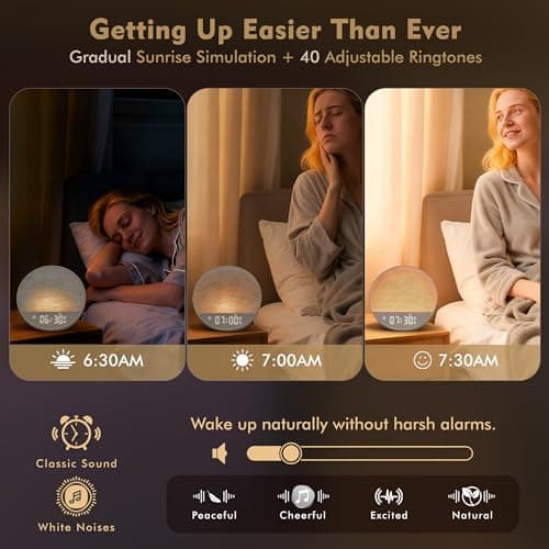 Tap-to-Snooze Sunrise Alarm Clock with Sound Machine, 36 Sounds White Noise Machine for Sleeping Adults, Gradual Sunrise Clock with Bluetooth Speaker & Remote Control, 15-Color Night Light丨Putty - Thumbnail 3