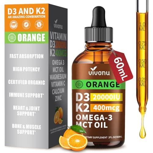 VivoNu Vitamin D3 K2 Drops, D3 20000 IU & K2 as MK-7 400mcg with Magnesium, Calcium, Zinc & Omega 3 for Immune*, Mood*, Bone* Health, Orange Flavor Vitamin D Liquid Drops Supplement, Non-GMO (1) - Image 1