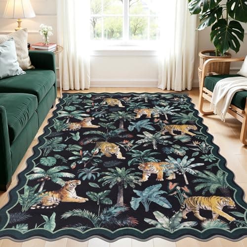 U'Artlines Jungle Animal Print Area Rug 5x7 ft, Machine Washable Soft Floor Carpet, Low Pile Non Slip Tiger Print Rugs for Kids Room, Nursery, Playroom (Dark Green) - Image 1