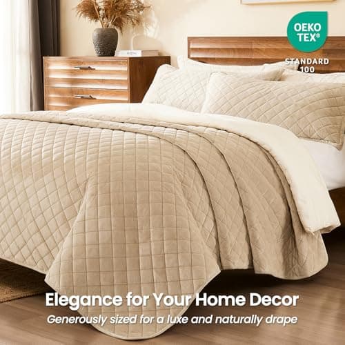 L'AGRATY Velvet Quilt King Size: 3-Piece Reversible Luxury Velvet Bedding Comforter Set - Lightweight Oversized Quilted Bedspread Coverlet with 2 Pillow Sham for All Season - Light Taupe Quilt - Thumbnail 2