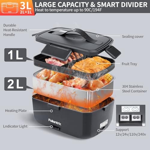 Foliantrix Heated Lunch Box 90W Electric Lunch Box for Adults with 2L Stainless Steel Container Portable Food Warmer for Men/Car/Truck/Work/Travel Loncheras Para Hombres De Trabajo 12/24/110v - Thumbnail 3