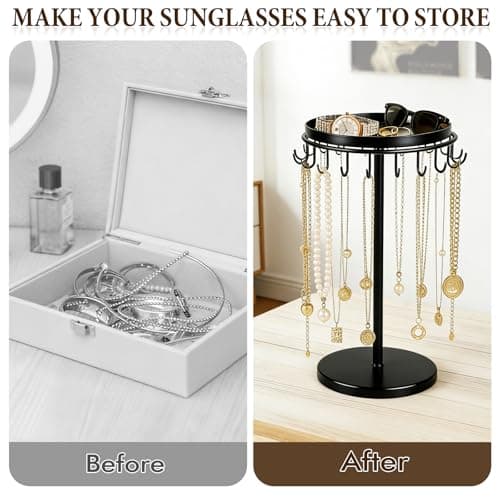 Himake Necklace Holder Metal Jewelry Organizer Stand, Necklace Organizer Hanger with Tray & Hooks for Desk, Jewelry Holder for Necklaces Bracelets and Keychains, Elegant Home Hanging Decor - Black - Thumbnail 5