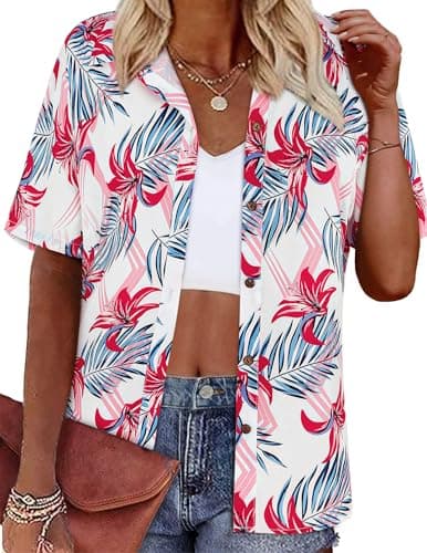 LILYCHIC Women's Hawaiian Floral Shirts Casual Short Sleeve Tropic Print Summer Vacation Button Down Hawaiian Tshirts Red S - Image 1