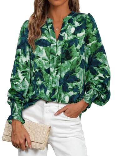 MASCOMODA Womens Boho Floral Long Sleeve Tops Spring Fashion 2026 V Neck Loose Chiffon Work Blouses Dressy Casual Shirts(Green Floral,X-Large) - Image 1