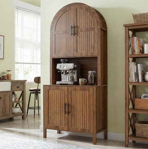 zofiauai 76" Tall Arched Kitchen Pantry,Large Storage Cupboard with Fluted Doors,Microwave Shelf,Modern Wooden Buffet Sideboard,Adjustable Shelves,Cabinet for Dining,Living Room,Walnut - Thumbnail 3